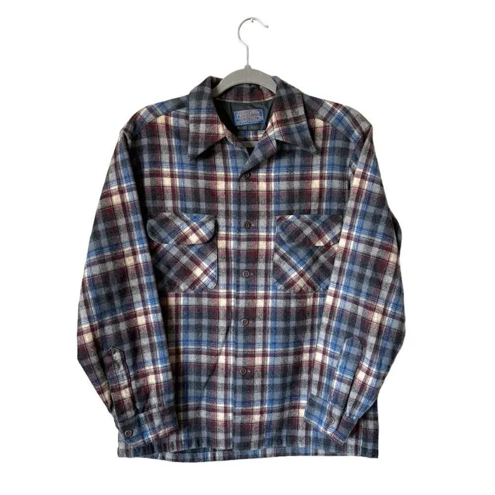 Pendleton Vintage 50s 60s Wool Dress Gray Blue Shirt Plaid Size M